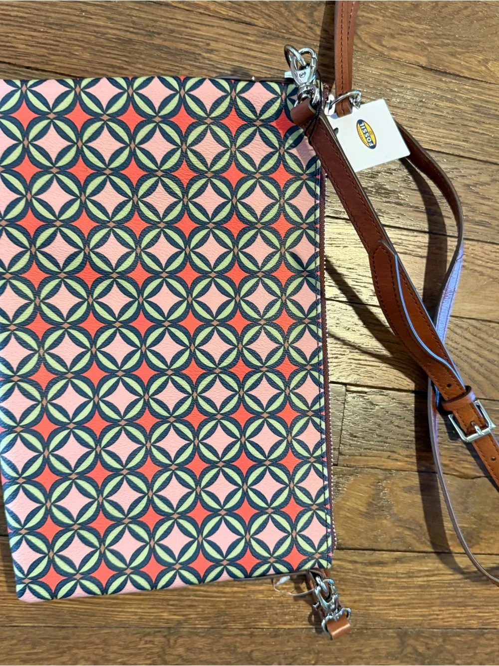 Fossil Sydney Pink Geometric Print Crossbody with Brown Leather Trim